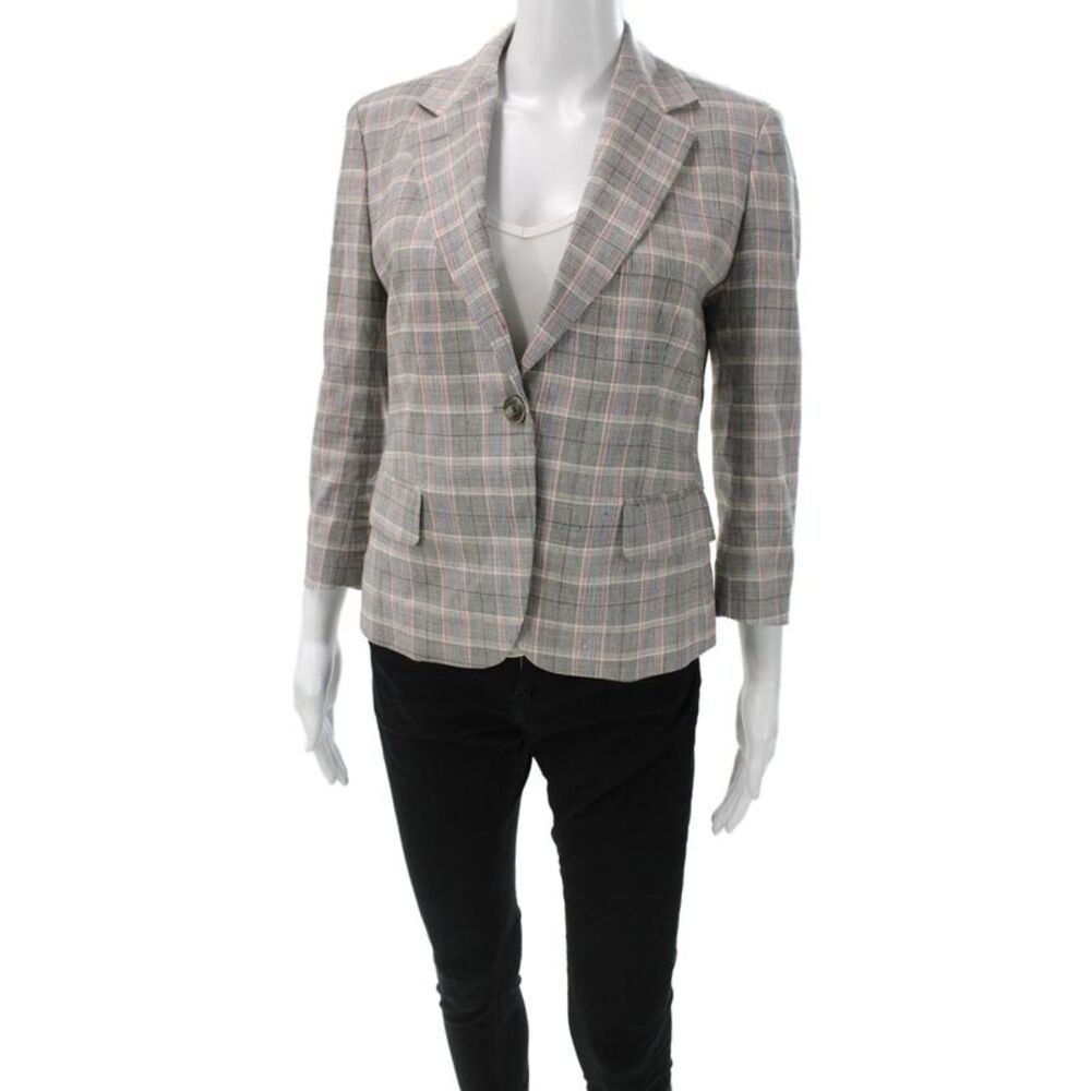QL2 Womens Basic Jacket Gray Plaid Linen Blend 3/4 Sleeve Button Size 42